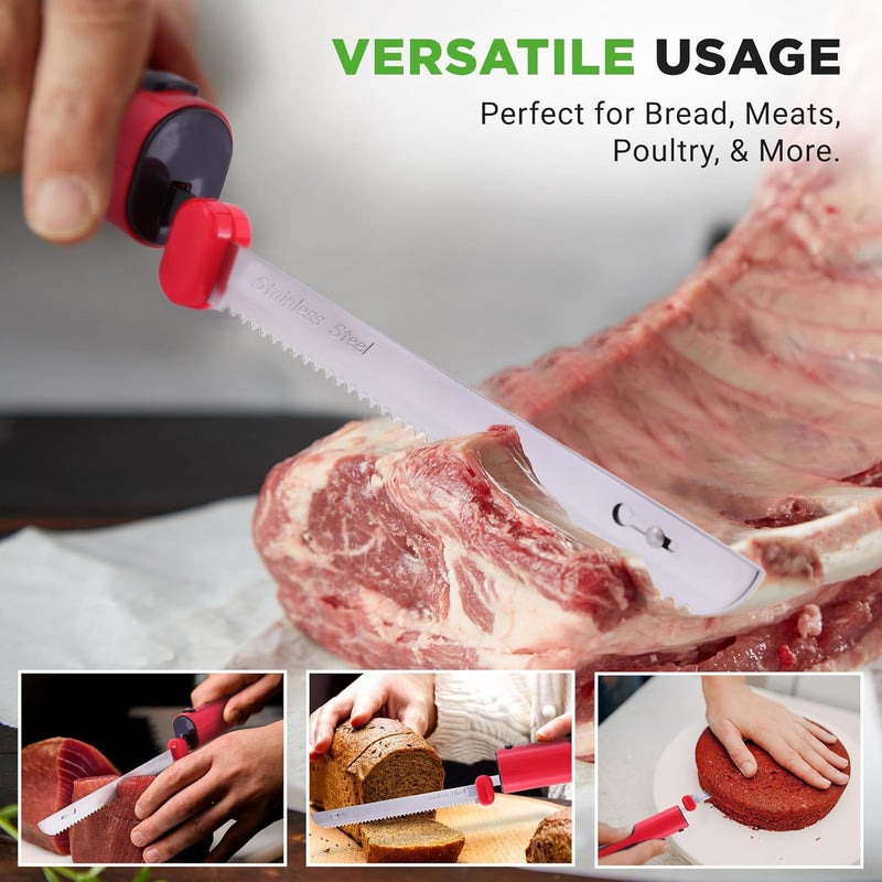 NutriChef Cordless Electric Knife | Easy to Use Constant ON/OFF Safety Function | Lightweight Kitchen Knife | Carve Turkey, Meats, Poultry, Bread & Cheese | 11.42’’ Stainless Steel Blades | Red - Image 2